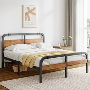 breezehome full size bed frame with rustic wood headboard and footboard, 14 inch high heavy duty steel slats with 3500 pounds support for mattress, noise-free, no box spring needed