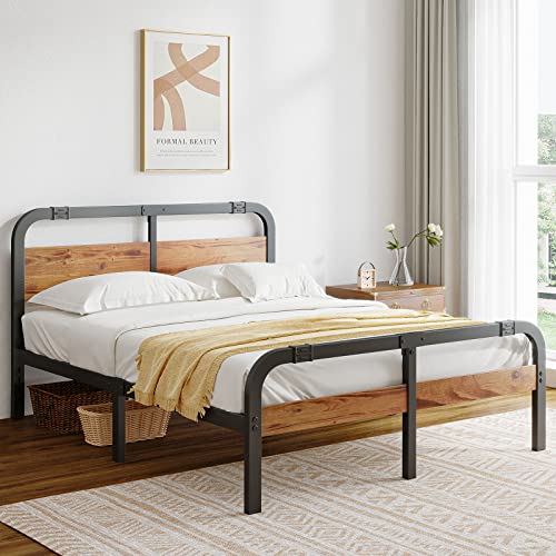 Breezehome Full Size Bed Frame with Rustic Wood Headboard and Footboard, 14 Inch High Heavy Duty Steel Slats with 3500 Pounds Support for Mattress, Noise-Free, No Box Spring Needed