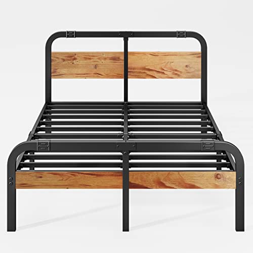 Breezehome Full Size Bed Frame with Rustic Wood Headboard and Footboard, 14 Inch High Heavy Duty Steel Slats with 3500 Pounds Support for Mattress, Noise-Free, No Box Spring Needed