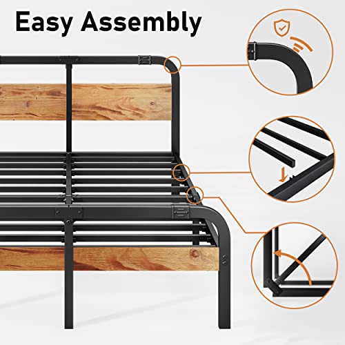 Breezehome Full Size Bed Frame with Rustic Wood Headboard and Footboard, 14 Inch High Heavy Duty Steel Slats with 3500 Pounds Support for Mattress, Noise-Free, No Box Spring Needed