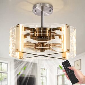 ceiling fans with lights remote control, modern enclosed ceiling fan, flush mount caged low profile ceiling fan light kit with dimmable led light & 6 speeds reversible blades timing for living room