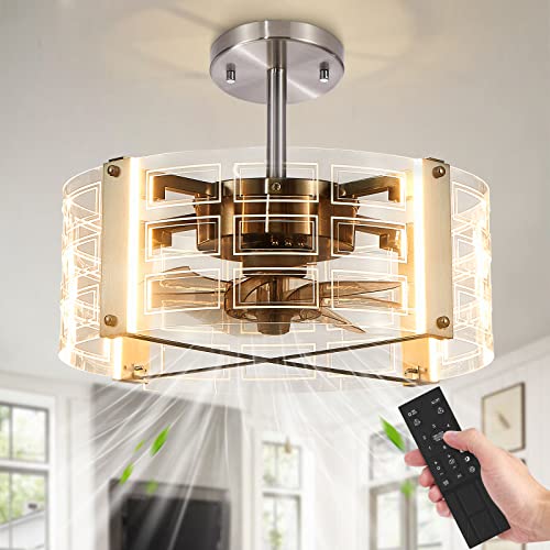 Ceiling Fans with Lights Remote Control, Modern Enclosed Ceiling Fan, Flush Mount Caged Low Profile Ceiling Fan Light Kit with Dimmable LED Light & 6 Speeds Reversible Blades Timing for Living Room