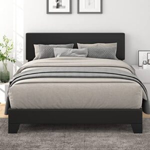 allewie queen size platform bed frame,faux leather headboard with adjustable function,sturdy wood slat support, easy assembly, no box spring needed,black
