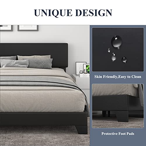 Allewie Queen Size Platform Bed Frame,Faux Leather Headboard with Adjustable Function,Sturdy Wood Slat Support, Easy Assembly, No Box Spring Needed,Black