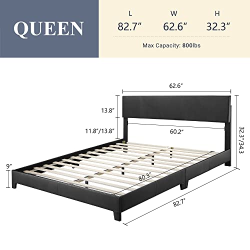 Allewie Queen Size Platform Bed Frame,Faux Leather Headboard with Adjustable Function,Sturdy Wood Slat Support, Easy Assembly, No Box Spring Needed,Black