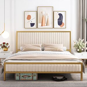 hifit king size bed frame, king bed frame and headboard, heavy duty metal foundation, upholstered bed frame with velvet tufted headboard, wood slats support, no box spring needed, gold and ivory white