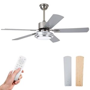 chriari 52 inch ceiling fans with lights remote control, wood low profile ceiling fan with 5 silver blades quiet reversible dc motor, modern ceiling fan with 6 speeds, dimmable led light, smart timing