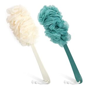 2pack back scrubber for shower，pipuha loofah sponge shower brush using body exfoliating with long handle, loofah on a stick for men women, bathing accessories for body brushes (blue and white)