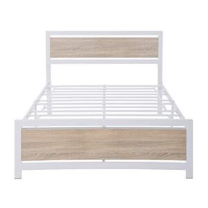 Polibi Full Size Platform Bed, Metal and Wood Bed Frame with Headboard and Footboard, No Box Spring Needed (White, Full)