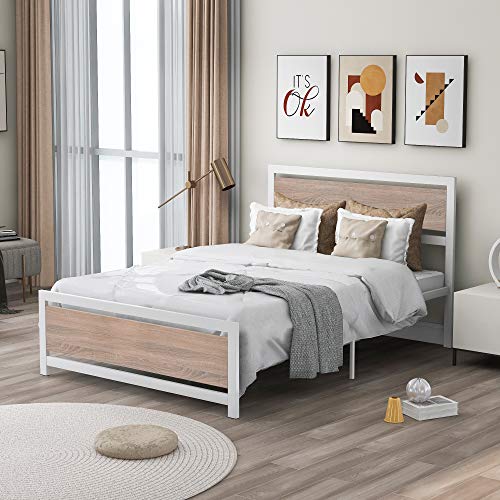 Polibi Full Size Platform Bed, Metal and Wood Bed Frame with Headboard and Footboard, No Box Spring Needed (White, Full)