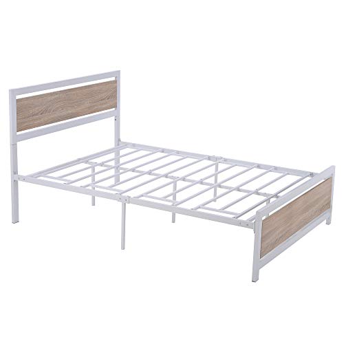 Polibi Full Size Platform Bed, Metal and Wood Bed Frame with Headboard and Footboard, No Box Spring Needed (White, Full)