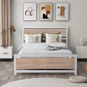 Polibi Full Size Platform Bed, Metal and Wood Bed Frame with Headboard and Footboard, No Box Spring Needed (White, Full)