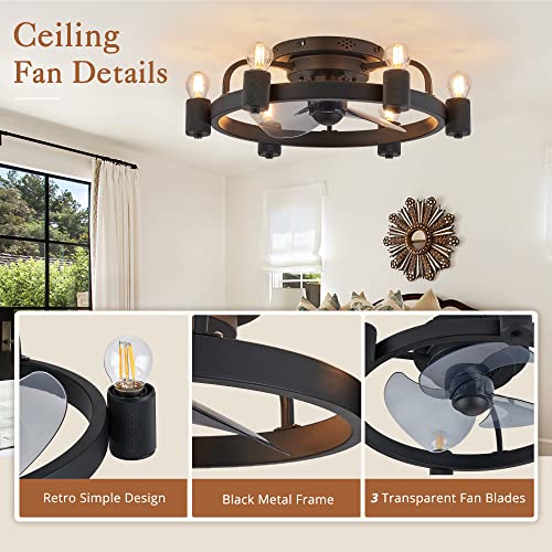 LEDIARY Rustic Ceiling Fans with Lights Black, Low Profile Ceiling Fan with Light Flush Mount, Industrial Farmhouse Vintage Ceiling Fan with Remote for Bedroom,Kitchen,Home