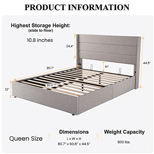 SHA CERLIN Queen Size Lift Up Storage Bed/Modern Wingback Headboard/Upholstered Platform Bed Frame/Hydraulic Storage/No Box Spring Needed/Wood Slats Support/Light Beige