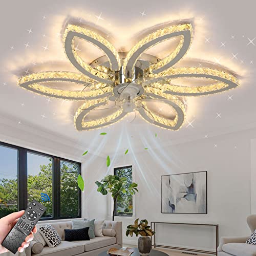 BOMIFANL Crystal Ceiling Fans with Lights,34" bladeless Ceiling Fan with Light,6-Speed Low Profile Ceiling Fan, Dimmable LED Fan Chandelier for Living Room Bedroom