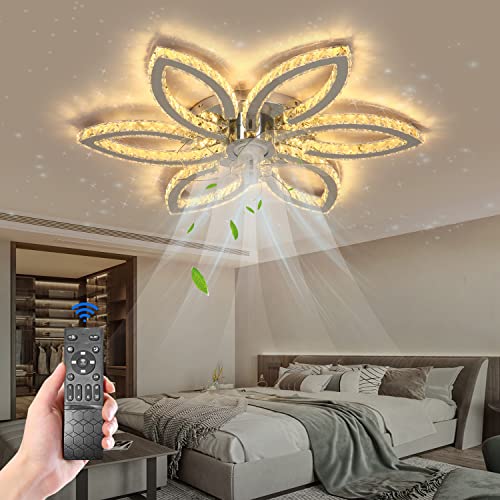 BOMIFANL Crystal Ceiling Fans with Lights,34" bladeless Ceiling Fan with Light,6-Speed Low Profile Ceiling Fan, Dimmable LED Fan Chandelier for Living Room Bedroom