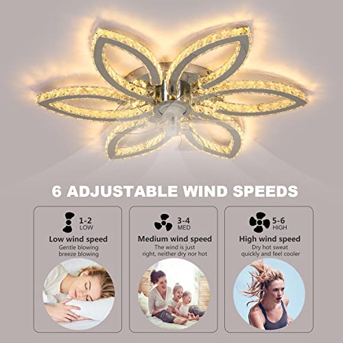 BOMIFANL Crystal Ceiling Fans with Lights,34" bladeless Ceiling Fan with Light,6-Speed Low Profile Ceiling Fan, Dimmable LED Fan Chandelier for Living Room Bedroom