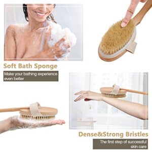 Body Brush for Bath or Shower - Dry or Wet Skin Exfoliating Long Wood Handle Back Scrubber with White Sponge