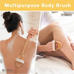 Body Brush for Bath or Shower - Dry or Wet Skin Exfoliating Long Wood Handle Back Scrubber with White Sponge