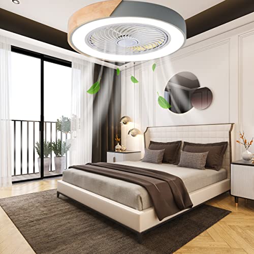 BESKETIE 20" Wood Ceiling Fan with Lights, Modern Enclosed Low Profile Ceiling Fan Light with Remote Control, Dimmable 3 Color 6 Wind Speed Indoor LED Fan Lamp for Bedroom, Living Room, Kitchen - Grey