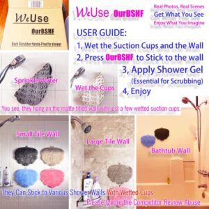 WeUse OurBSHF Back Scrubber Hands-Free for Shower. Easy to Clean Big Flat Silicone Back Washer Foot Massager Body Brush Replace Loofah Sponge. Stick to Wall to Scrub, Hang on Hook to Dry (Grey)