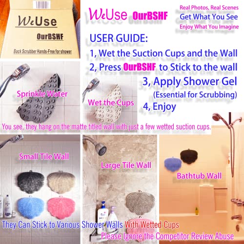 WeUse OurBSHF Back Scrubber Hands-Free for Shower. Easy to Clean Big Flat Silicone Back Washer Foot Massager Body Brush Replace Loofah Sponge. Stick to Wall to Scrub, Hang on Hook to Dry (Grey)