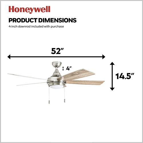 Honeywell Ceiling Fans Ventnor 52-in Indoor Fan - LED Ceiling Fan with Light and Pull Chain - Farmhouse Style Room Fan with Dual Finish Blades - Model 50204 (Brushed Nickel)