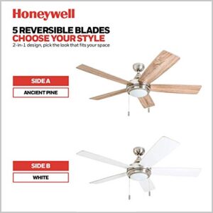 Honeywell Ceiling Fans Ventnor 52-in Indoor Fan - LED Ceiling Fan with Light and Pull Chain - Farmhouse Style Room Fan with Dual Finish Blades - Model 50204 (Brushed Nickel)