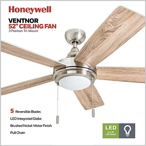 Honeywell Ceiling Fans Ventnor 52-in Indoor Fan - LED Ceiling Fan with Light and Pull Chain - Farmhouse Style Room Fan with Dual Finish Blades - Model 50204 (Brushed Nickel)