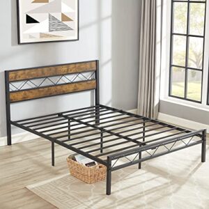 VECELO Queen Metal Platform Bed Frame with Rustic Vintage Wooden Headboard, Heavy Duty Metal Slats Support, Platform Mattress Base No Box Spring Needed, No Noise, Easy Assembly