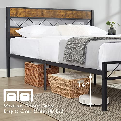 VECELO Queen Metal Platform Bed Frame with Rustic Vintage Wooden Headboard, Heavy Duty Metal Slats Support, Platform Mattress Base No Box Spring Needed, No Noise, Easy Assembly