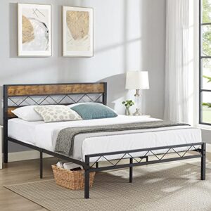 VECELO Queen Metal Platform Bed Frame with Rustic Vintage Wooden Headboard, Heavy Duty Metal Slats Support, Platform Mattress Base No Box Spring Needed, No Noise, Easy Assembly