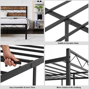 VECELO Queen Metal Platform Bed Frame with Rustic Vintage Wooden Headboard, Heavy Duty Metal Slats Support, Platform Mattress Base No Box Spring Needed, No Noise, Easy Assembly