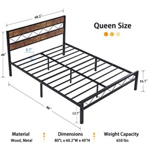 VECELO Queen Metal Platform Bed Frame with Rustic Vintage Wooden Headboard, Heavy Duty Metal Slats Support, Platform Mattress Base No Box Spring Needed, No Noise, Easy Assembly