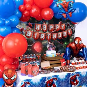 Spider Birthday Decorations,210pcs Birthday Party Supplies Include Happy Birthday Banner,Tableware Set,Tablecover,Cake Toppers,Cupcake Toppers,Foil Balloons,Latex Balloons Set,Bottle Labels,Chocolate Stickers