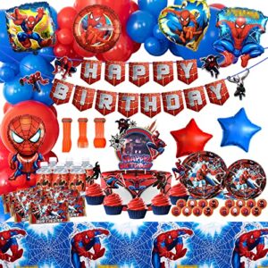 spider birthday decorations,210pcs birthday party supplies include happy birthday banner,tableware set,tablecover,cake toppers,cupcake toppers,foil balloons,latex balloons set,bottle labels,chocolate stickers