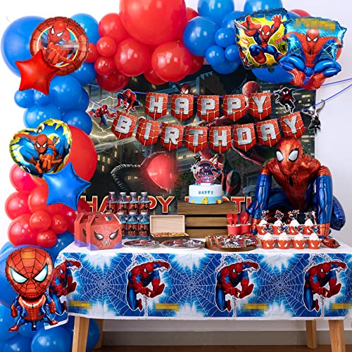 Spider Birthday Decorations,210pcs Birthday Party Supplies Include Happy Birthday Banner,Tableware Set,Tablecover,Cake Toppers,Cupcake Toppers,Foil Balloons,Latex Balloons Set,Bottle Labels,Chocolate Stickers