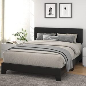 allewie full size bed frame with adjustable headboard, and waterproof faux leather upholstered platform, sturdy wood slat support, no box spring needed, easy assembly, black