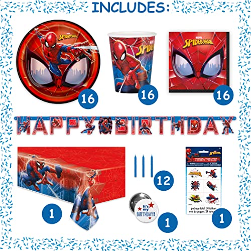 Spiderman Birthday Party Supplies and Decorations, Spiderman Party Supplies, Serves 16 Guests, Includes Tableware and Decor with Table Cover, Banner, Plates, Napkins & More, Officially Licensed