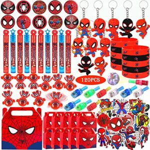 spider birthday party favors for kids - 120 pcs bubble wands, finger lights, tumblers, keychains, goodie bags, wristbands, stickers, button badges christmas hero supplies for boys girls gifts