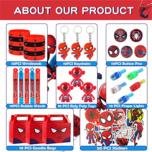 Spider Birthday Party Favors for Kids - 120 Pcs Bubble Wands, Finger Lights, Tumblers, Keychains, Goodie Bags, Wristbands, Stickers, Button Badges Christmas Hero Supplies for Boys Girls Gifts