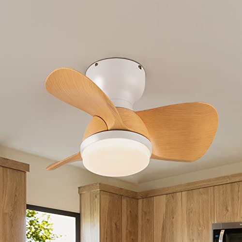 EKIZNSN 22'' Modern Small Low Profile Flush Mount Ceiling Fan with Lights Remote Control, 6 Speed DC Motor and 3 Blade Ceiling Fans, White