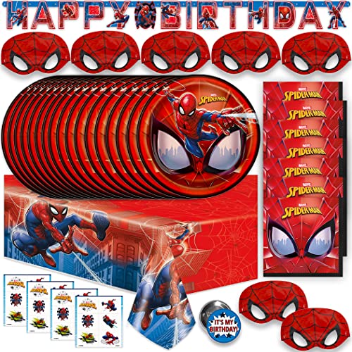 Spiderman Birthday Decorations | Spiderman Party Supplies | Serves 16 Guests | Marvel Superhero Spidey and His Amazing Friends | Table Cover, Spider Man Banner, Plates, Napkins, Masks and Button | For Boys and Girls