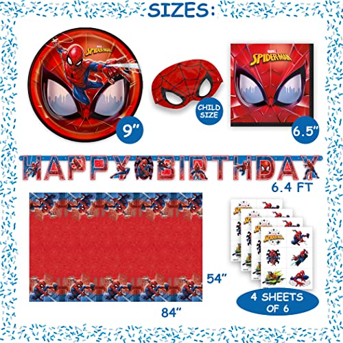 Spiderman Birthday Decorations | Spiderman Party Supplies | Serves 16 Guests | Marvel Superhero Spidey and His Amazing Friends | Table Cover, Spider Man Banner, Plates, Napkins, Masks and Button | For Boys and Girls