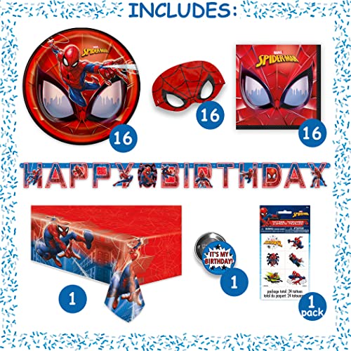 Spiderman Birthday Decorations | Spiderman Party Supplies | Serves 16 Guests | Marvel Superhero Spidey and His Amazing Friends | Table Cover, Spider Man Banner, Plates, Napkins, Masks and Button | For Boys and Girls