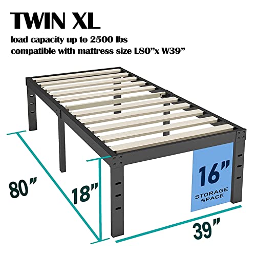Auroral Twin XL Bed Frame 18 Inches Tall, 3 Inches Wide Wood Slats 2500 Pounds Support for Foam Mattress No Sag, No Slip, No Box Spring Needed/Underneath Storage/Noise Free/Easy Assembly-Black