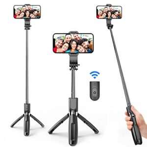 portable selfie stick, handheld phone tripod stand with detachable wireless remote, selfie stick tripod for iphone 14 13 12 11 pro xs max xr x 8 7 plus, android moto samsung google smartphone, more