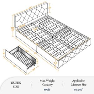 Yaheetech Queen Size Upholstered Bed Frame with 4 Drawers and Adjustable Headboard, Faux Leather Platform Bed with Mattress Foundation Strong Wooden Slats Support, No Box Spring Needed, Black