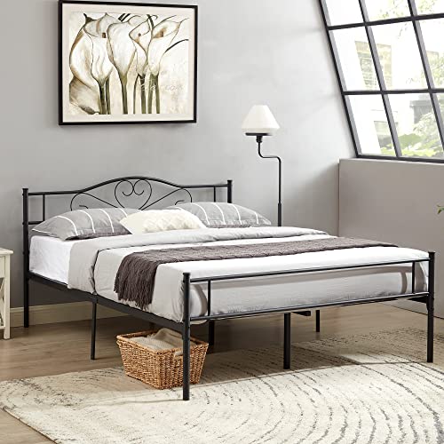 VECELO Metal Platform Bed Frame with Headboard & Footboard, Steel Slats Mattress Foundation, No Box Spring Needed, Queen, Matte Black