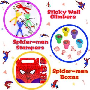 Andzerolief Spider Birthday Party Favors Supplies- (70 Pcs) Keychains, Stamps, Blower Whistles, Masks, Goodie Bags, Sticker Wall Climbers for Classroom Rewards Carnival Christmas Prizes Gifts for Kids Boys Girls - Serve 10 Guests